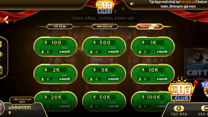 Bàn chơi bài Catte 6 người với giao diện đồ họa sống động