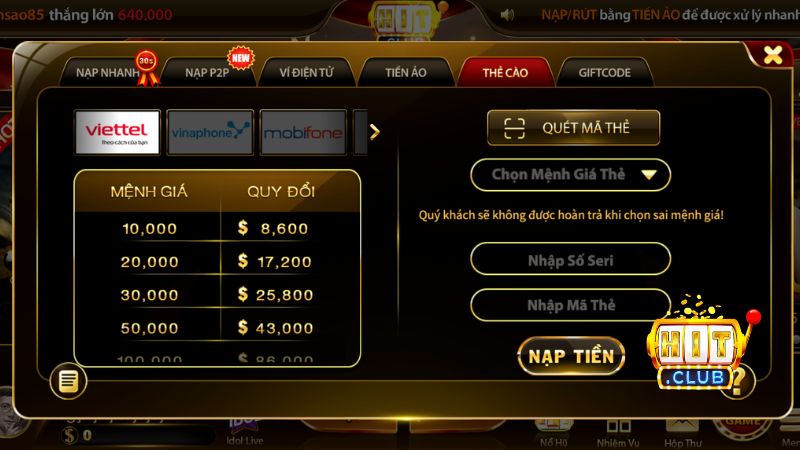 Điền chuẩn xác mệnh giá và mã thẻ cào để nạp tiền